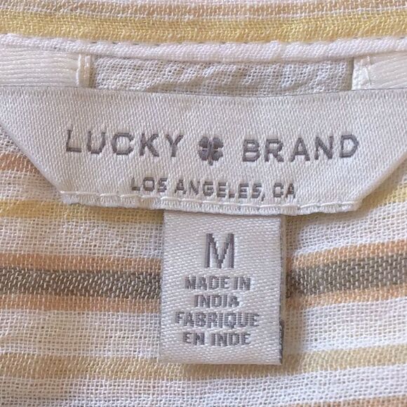 Lucky Brand Cream Brown Pinstripe Cotton Half Button Roll Sleeve Tunic Blouse - Picture 11 of 14